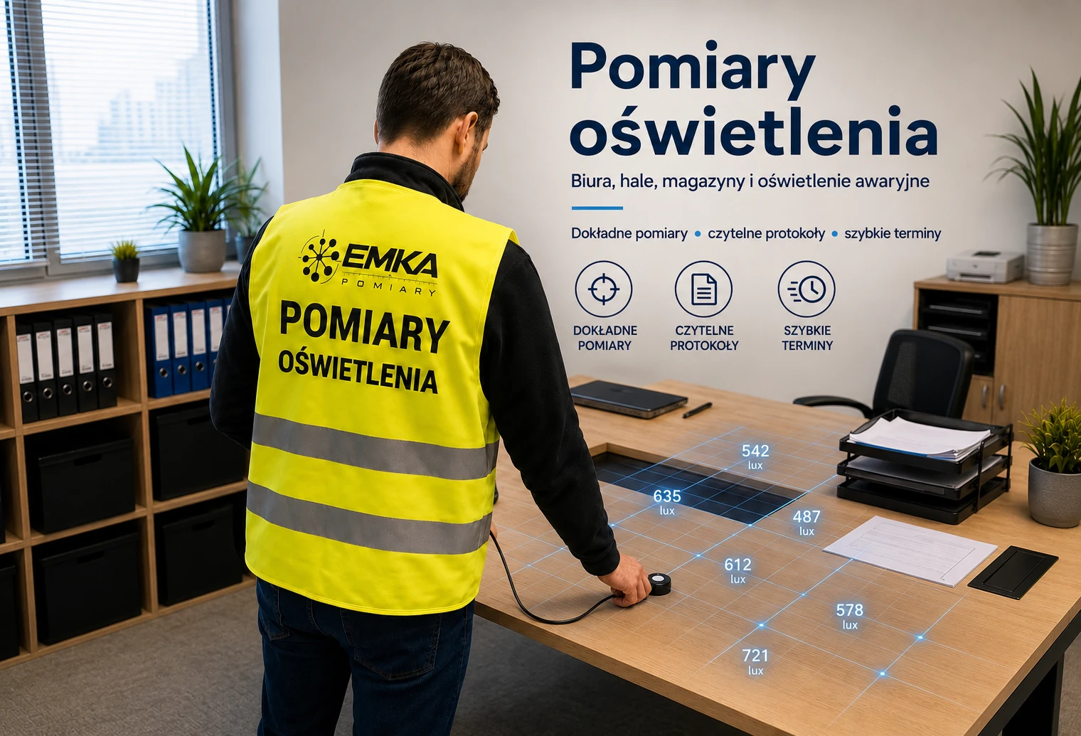Pomiary oświetlenia z siatką punktów pomiarowych i wynikami w lx na podłodze