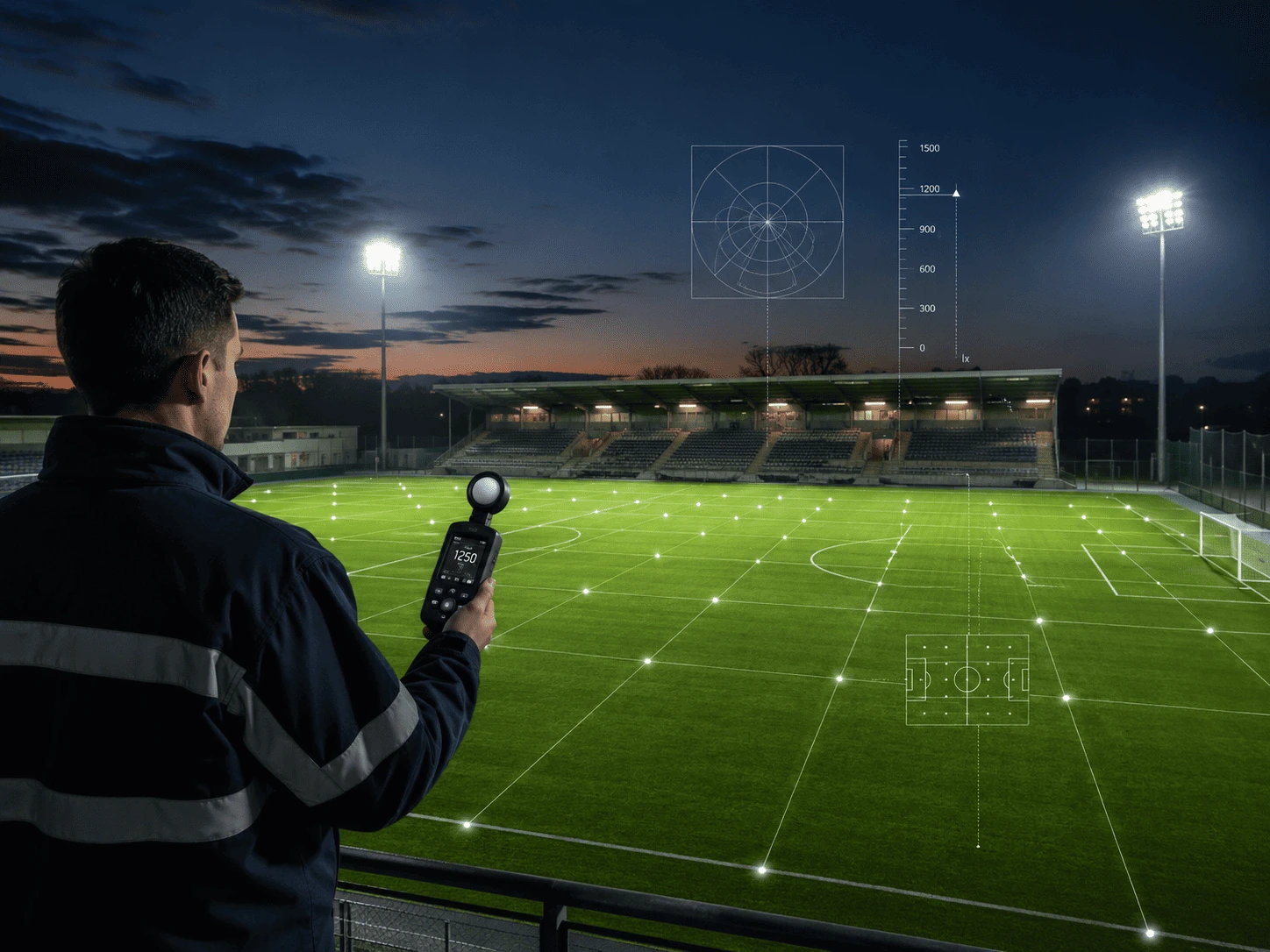 Pomiary oświetlenia boiska i stadionu z siatką punktów pomiarowych