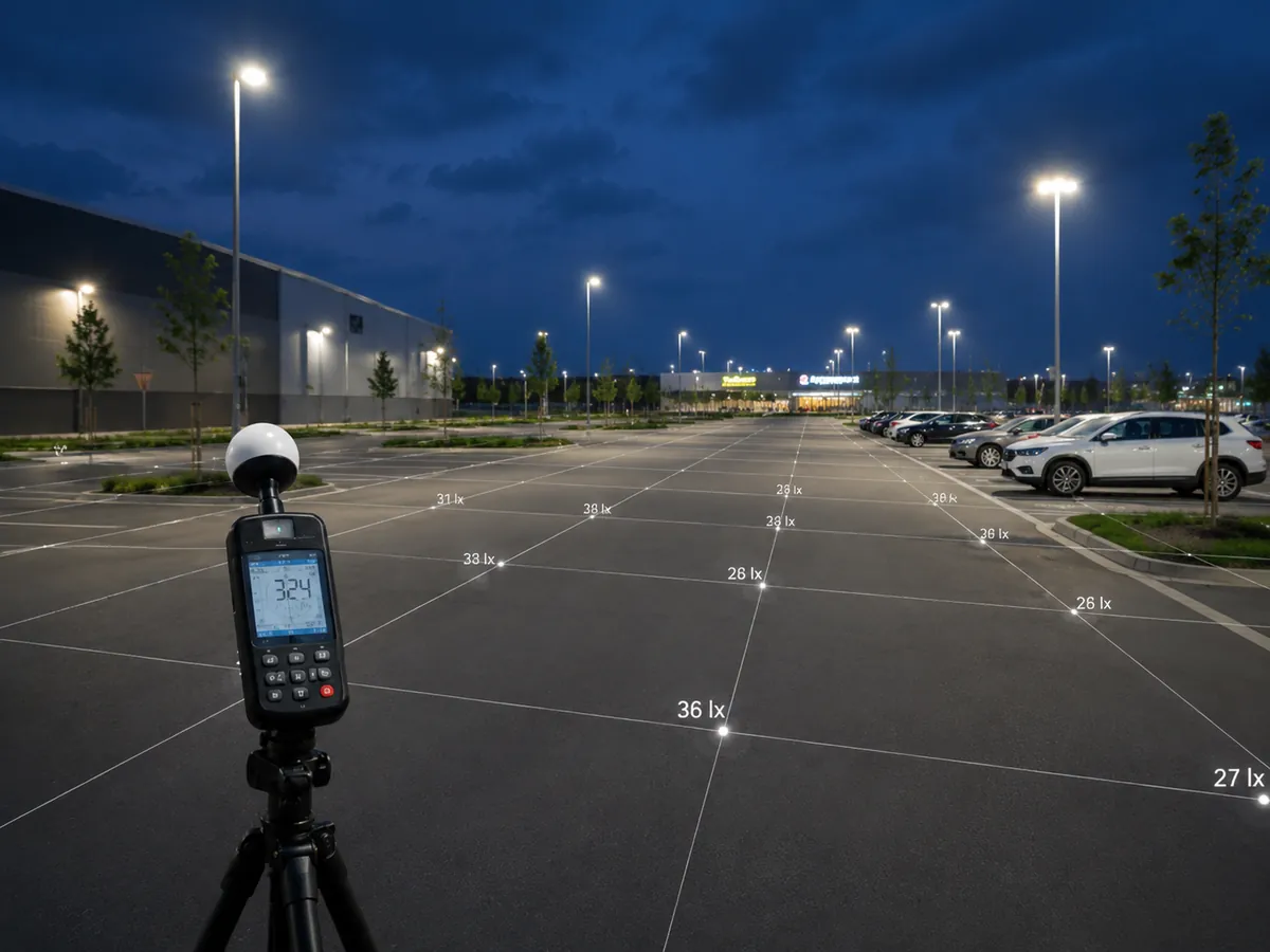 Pomiary oświetlenia parkingu zewnętrznego z siatką punktów pomiarowych