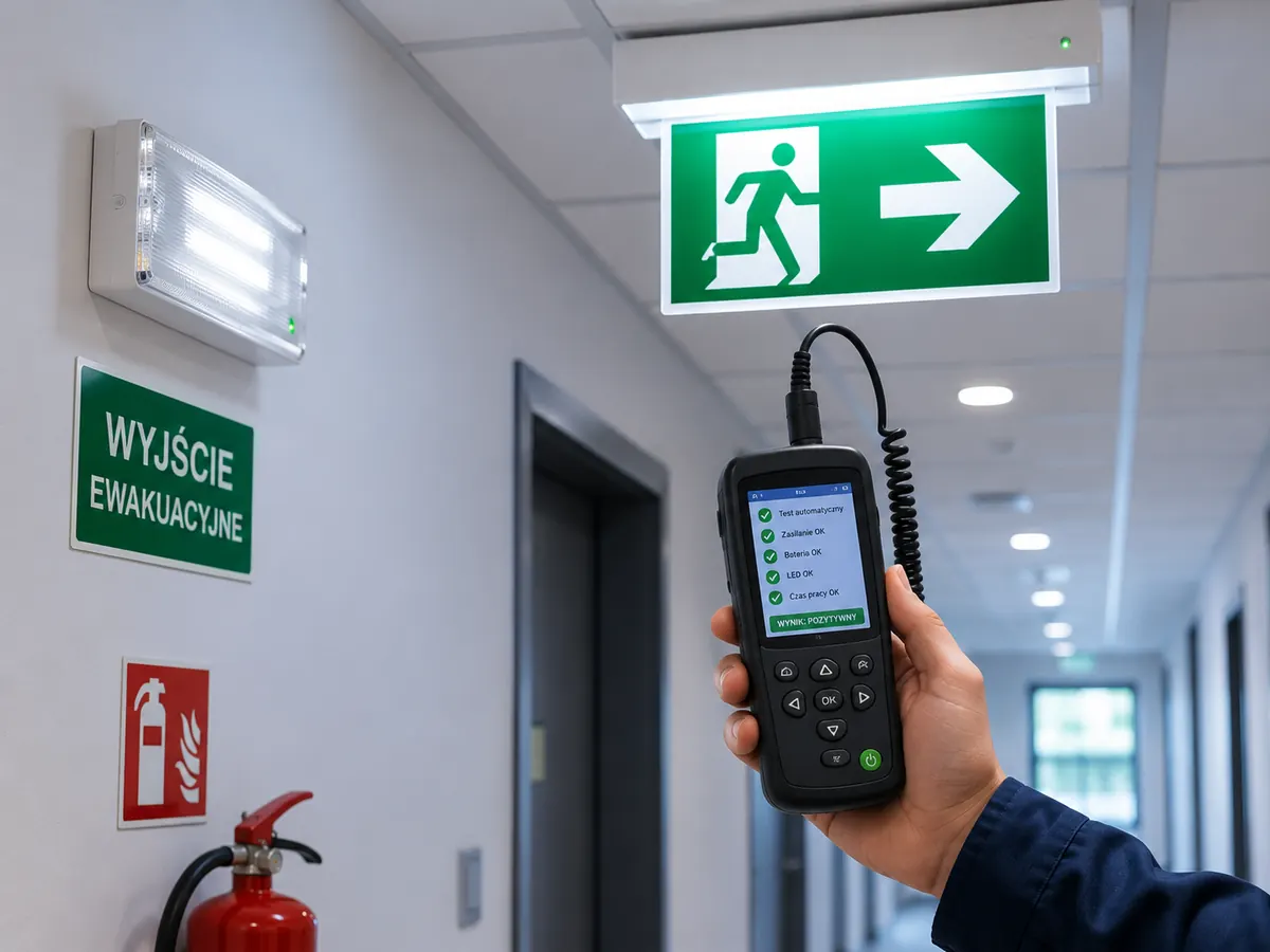 Przeglądy opraw awaryjnych i ewakuacyjnych w korytarzu obiektu